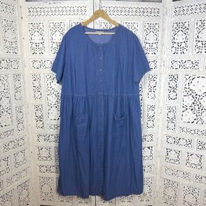 Woman Within Blue Chambray Button Up Maxi Dress Sz 28W Cottage Prairie Retro